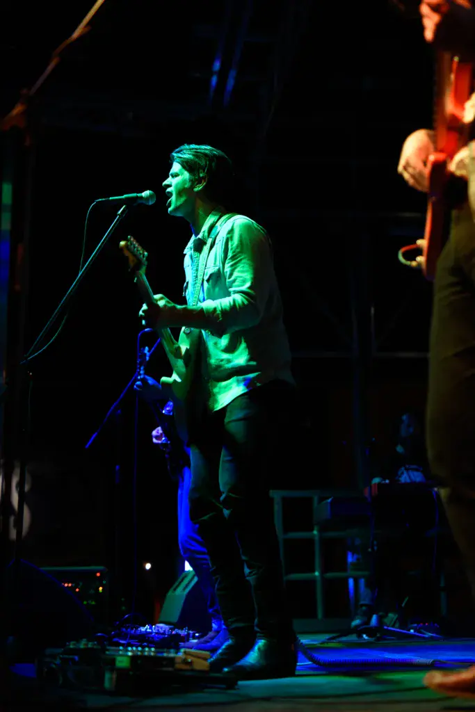 A performer plays guitar and sings into a microphone on stage with green and blue lighting.