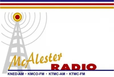 McAlester Radio logo and broadcast tower graphic with colorful header stripe.
