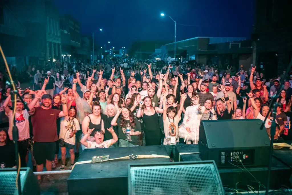 Large crowd with raised arms at an outdoor night festival in front of a stage lit in blue tones.