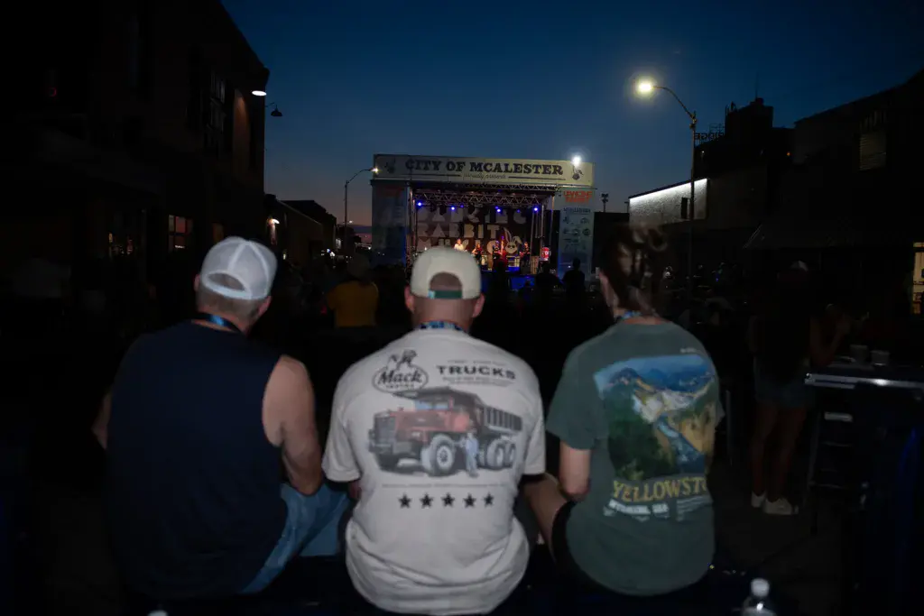 Attendees watch performers on stage at the Dancing Rabbit Music Festival during dusk.