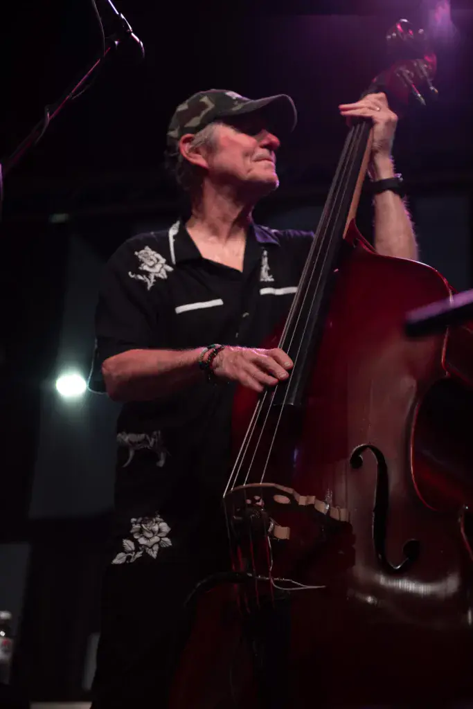 A bass player in a black shirt and cap performs on stage under purple lighting at the festival.