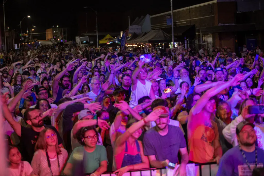 A large crowd of festival attendees with raised arms bathed in purple and pink stage lighting at night.