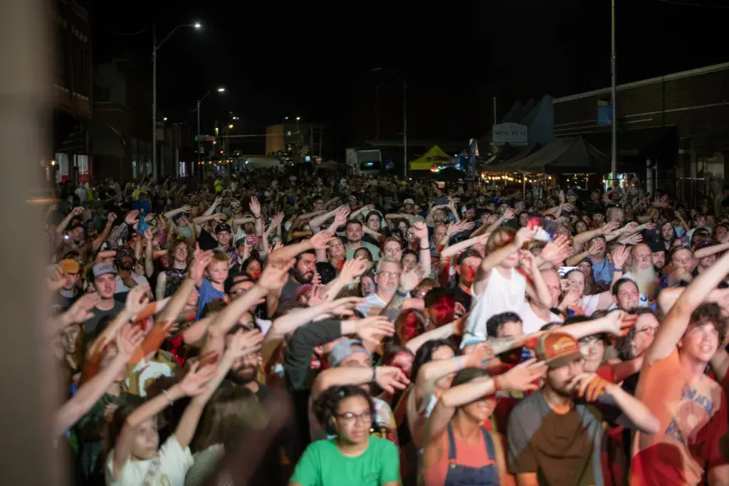 Large crowd of festival attendees with raised arms during nighttime outdoor music event.