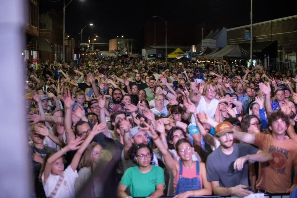 Large nighttime crowd at Dancing Rabbit Music Festival with hands raised, illuminated by stage lighting.