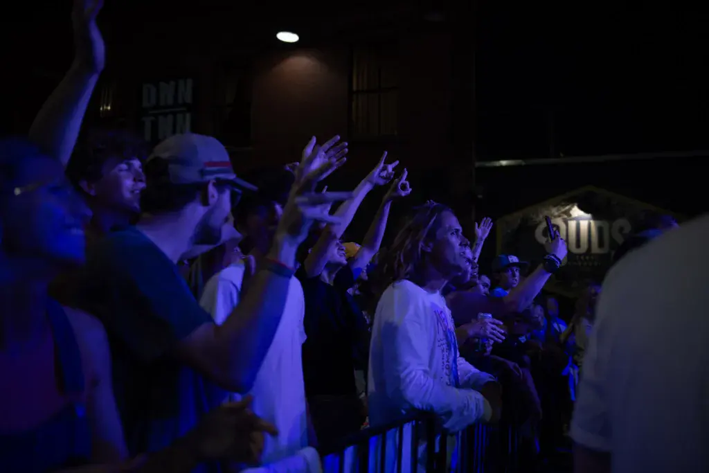 A crowd of festival attendees with raised hands dancing and cheering under blue stage lighting at night.