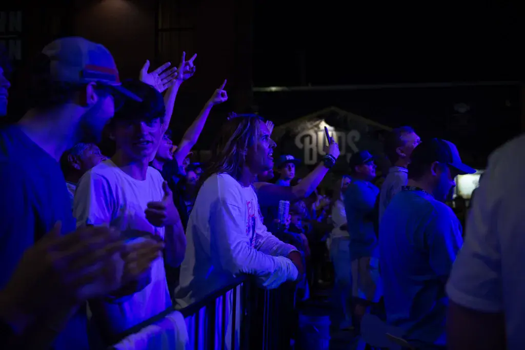 Crowd of festival attendees under blue stage lighting, many with hands raised and arms in the air.